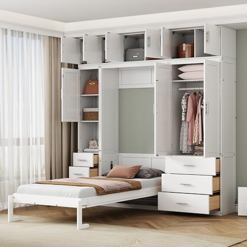Twin Size Murphy Bed Frame with Lockers and Wardrobes, White R79415