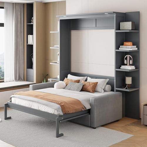 Queen Size Wood Murphy Bed with Storage Shelves and Sofa P72187