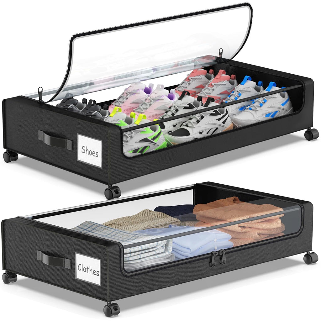 Black 2 Pack Rolling Underbed Storage Containers with Clear Lid W364