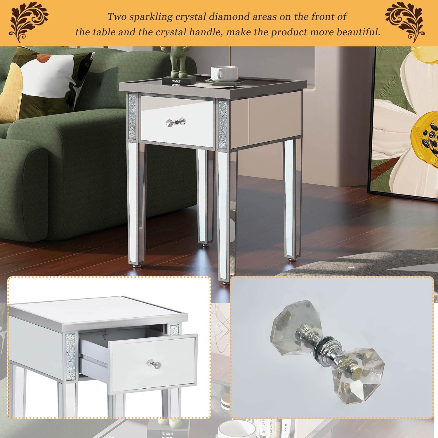 Silver Glass Mirrored End Table with Drawer M63592