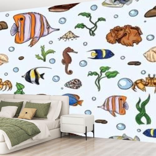 Peel and Stick Wallpaper underwater world sea jellyfish seaweed cartoon style Deep ocean Canvas Wallpaper Wall Decor Wall Art Removable Wall mural A748098