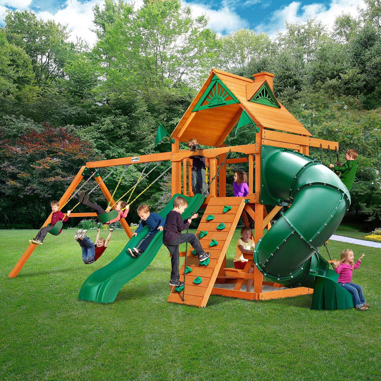Brown Wooden Swing Set with Two Slides T5323