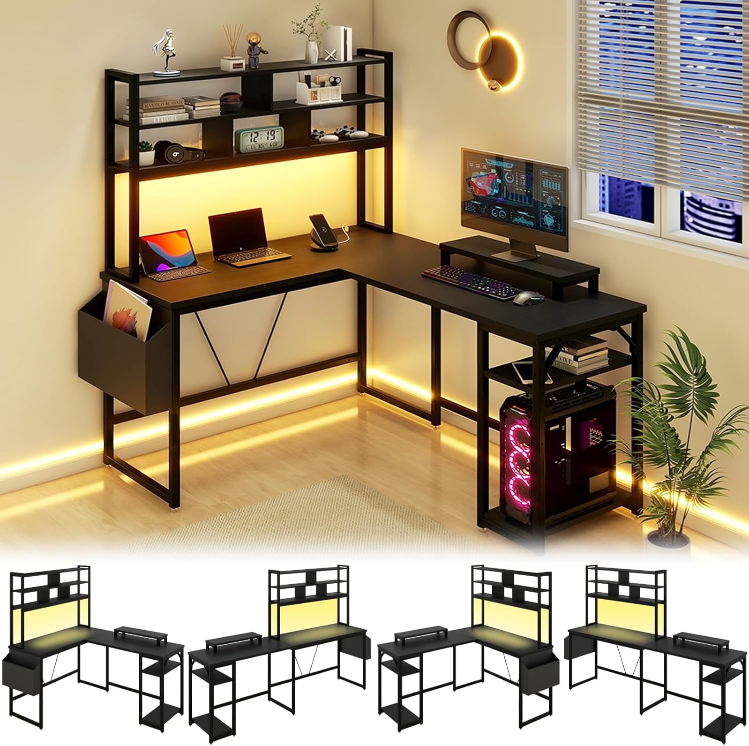 L Shaped Computer Desk with LED Lights and Power Outlets and USB Port S7697