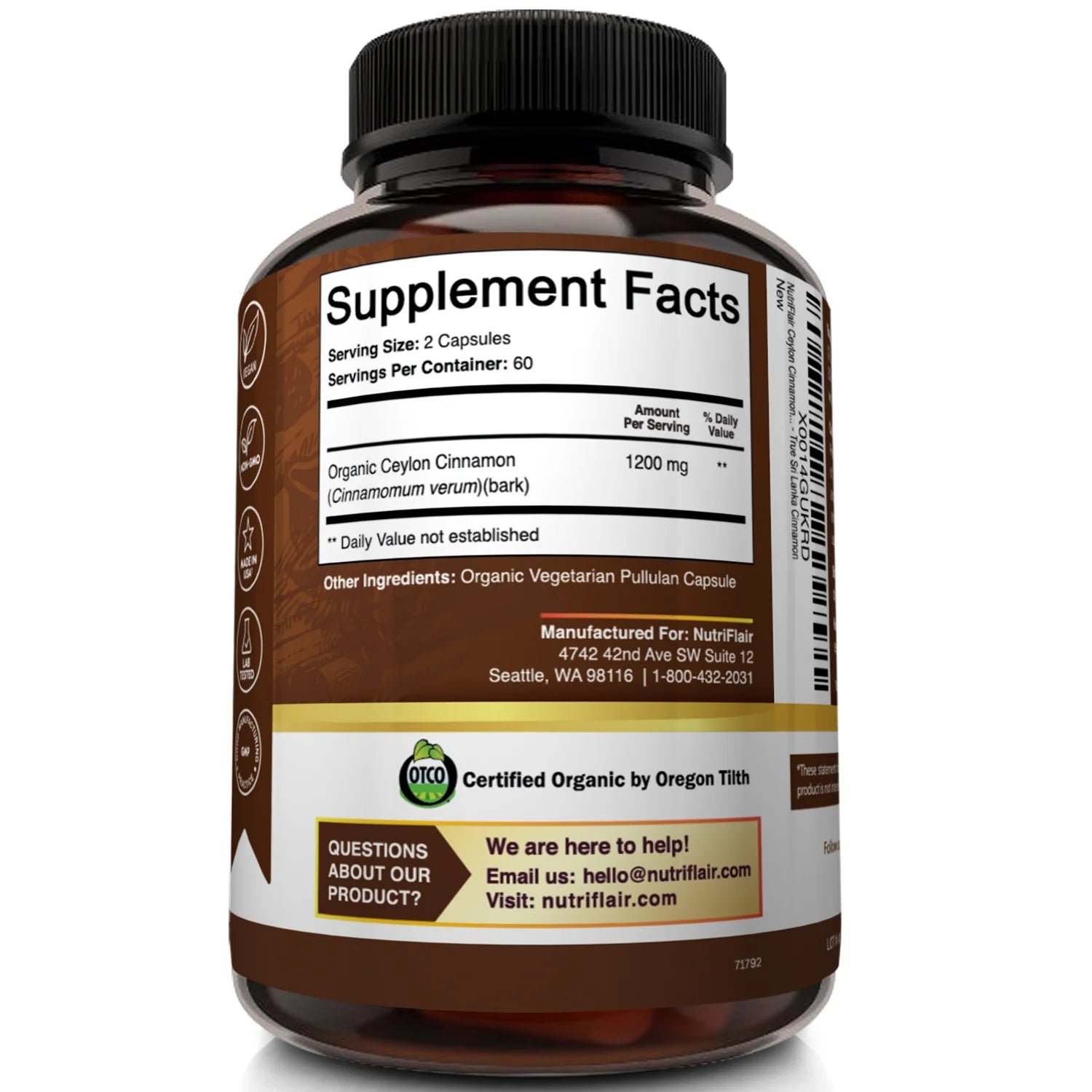 Organic Ceylon Cinnamon 1200mg per Serving, 120 Capsules F870