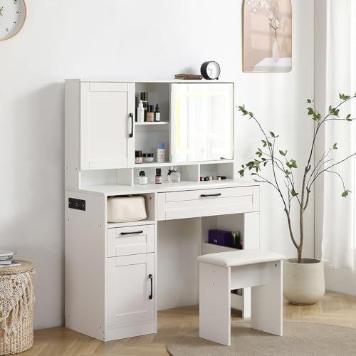 White Vanity Desk With Mirror And Cushioned Stool G239