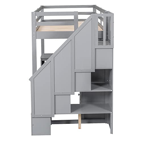 Full Size Loft Bed with Desk and Shelves, Two Drawers, Gray L73426