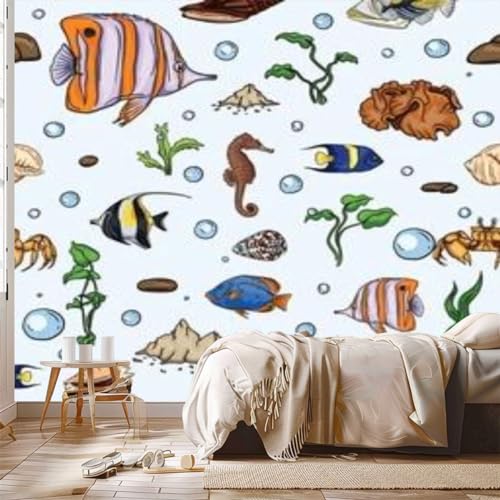 Peel and Stick Wallpaper underwater world sea jellyfish seaweed cartoon style Deep ocean Canvas Wallpaper Wall Decor Wall Art Removable Wall mural A748098