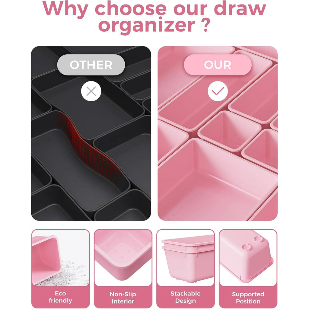 25 PCS Plastic Drawer Organizers Set, 4-Sizes (Pink) H257574