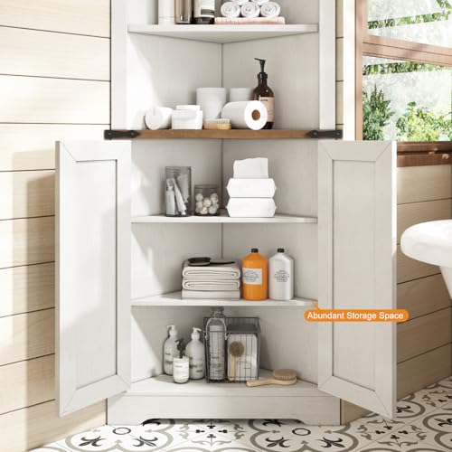 Antique White Barnwood Tall Corner Cabinet with Adjustable Shelves K1244