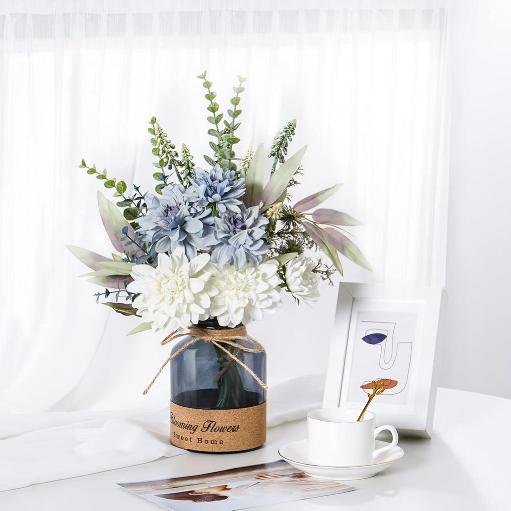 Blue White Dahlia Artificial Flowers with Glass Vase N945