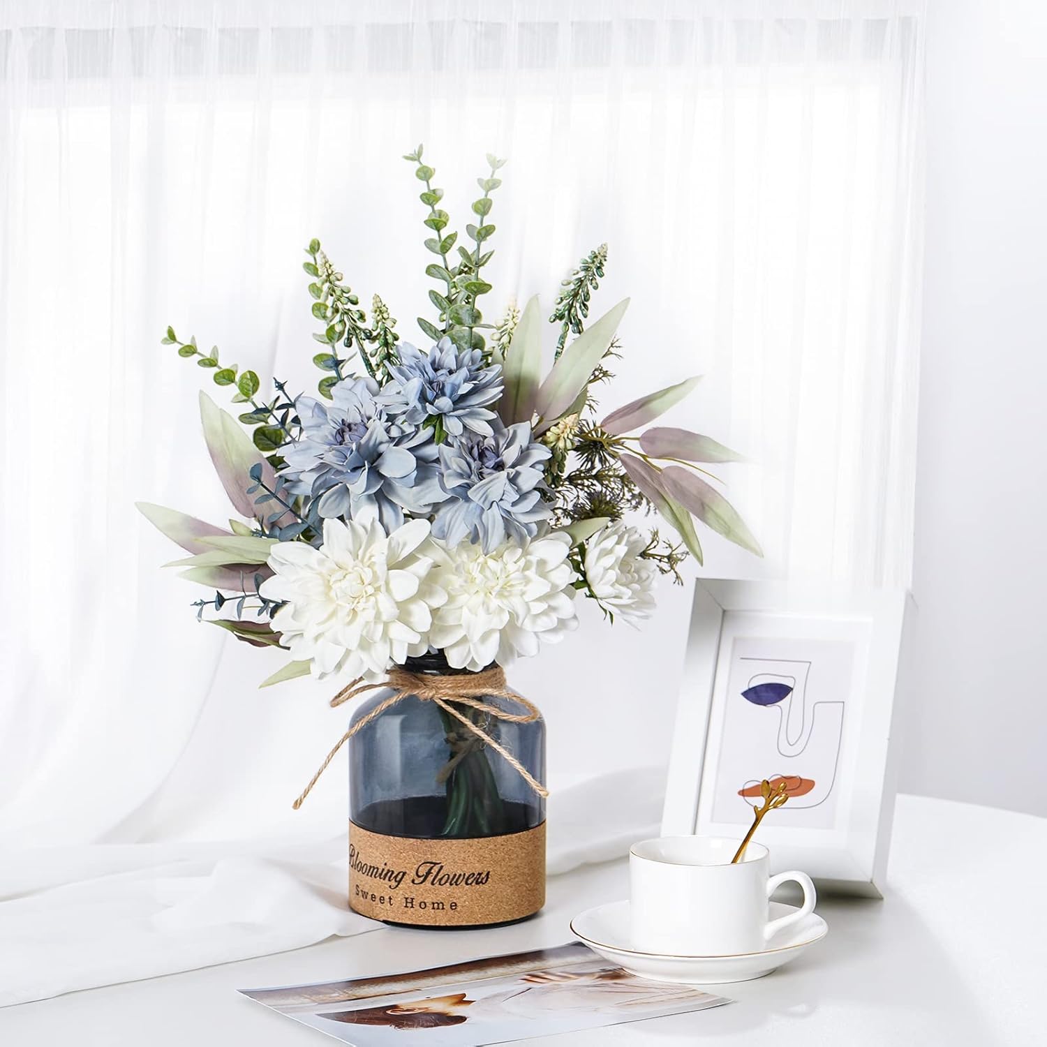 Blue White Dahlia Artificial Flowers with Glass Vase N945