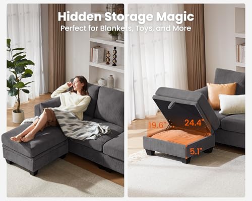 Modular Sectional Couch Corduroy L Shaped Sleeper Sofa with Storage Ottoman J7130