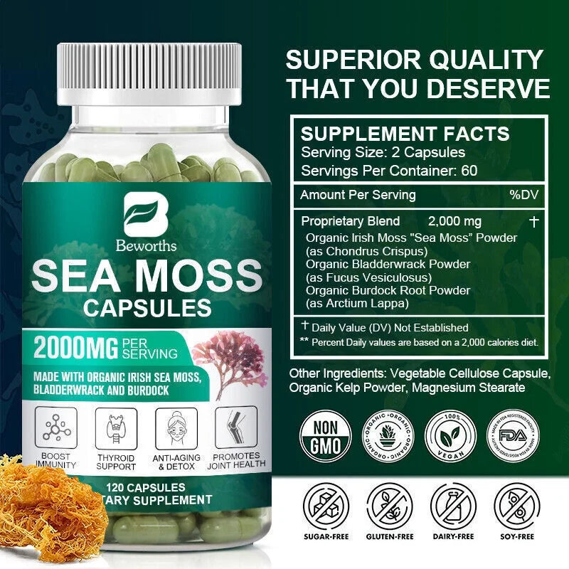 Organic Sea Moss Capsules 2000 mg 120 Pills L9959