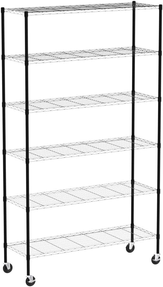 6 Tier Wire Shelving Unit, NSF Heavy Duty Height Adjustable Metal Shelving with Wheels, 18"x48"x82" Black Y25667