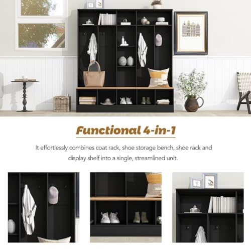 Black Hall Tree with Storage Bench and 8 Hooks W45580
