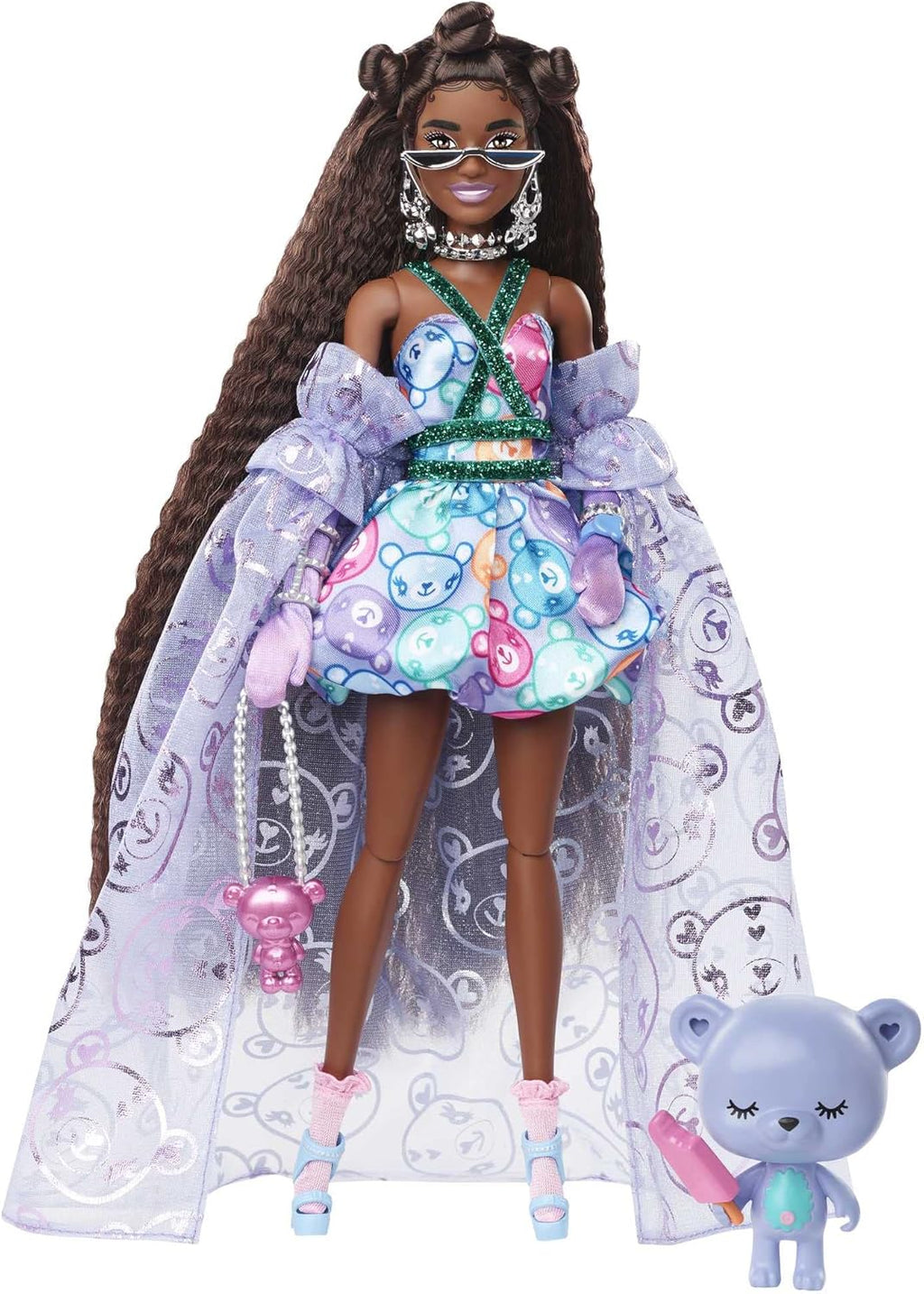 Teddy-Print Gown Fashion Doll with Teddy Bear Pet Q9621