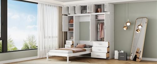 Twin Size Murphy Bed Frame with Lockers and Wardrobes, White R79415