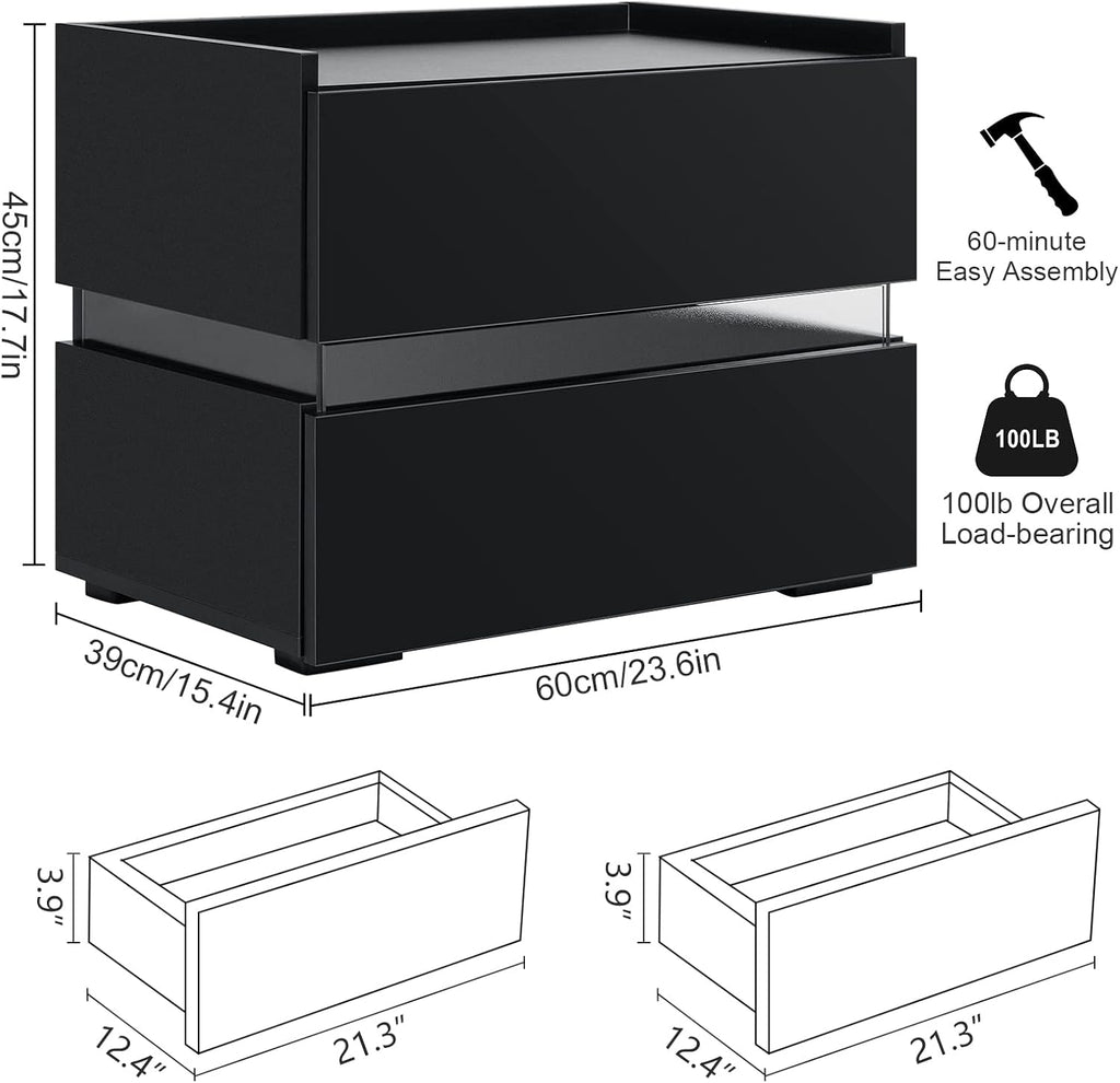 LED Nightstand with 2 Drawers Black K787261