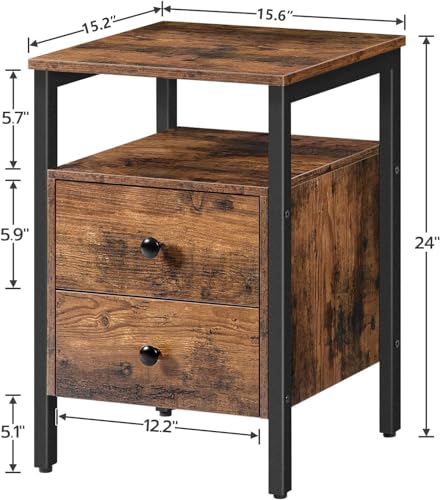 Rustic Brown and Black Nightstand with 2 Drawers and Storage Shelves R4275