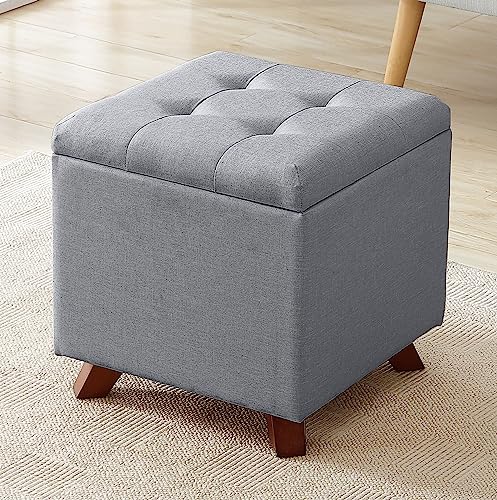 Gray Linen Tufted Square Storage Ottoman with Lift Off Lid Q41182