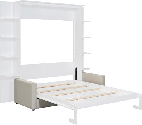 Queen Size Wood Murphy Bed with Storage Shelves and Sofa P72187