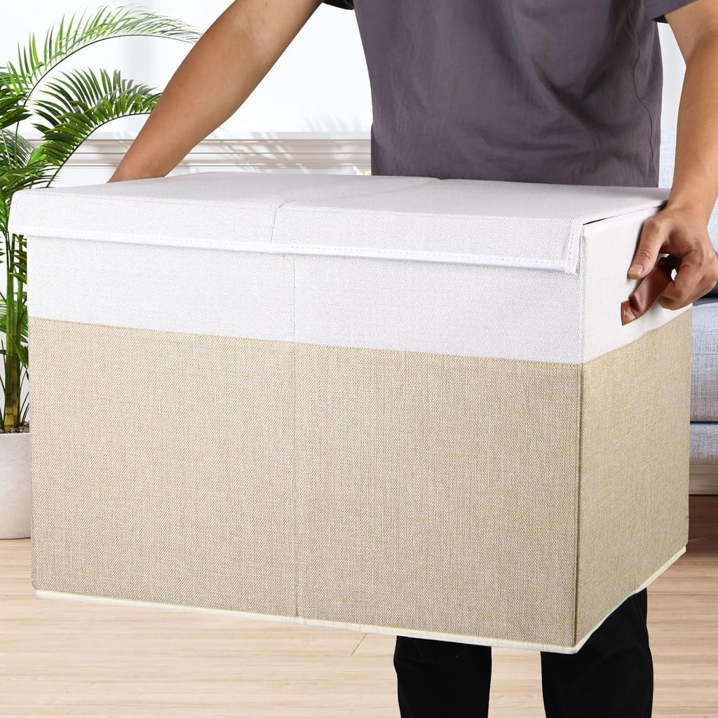 Extra Large Toy Storage Box with Lid, Beige and White R25814