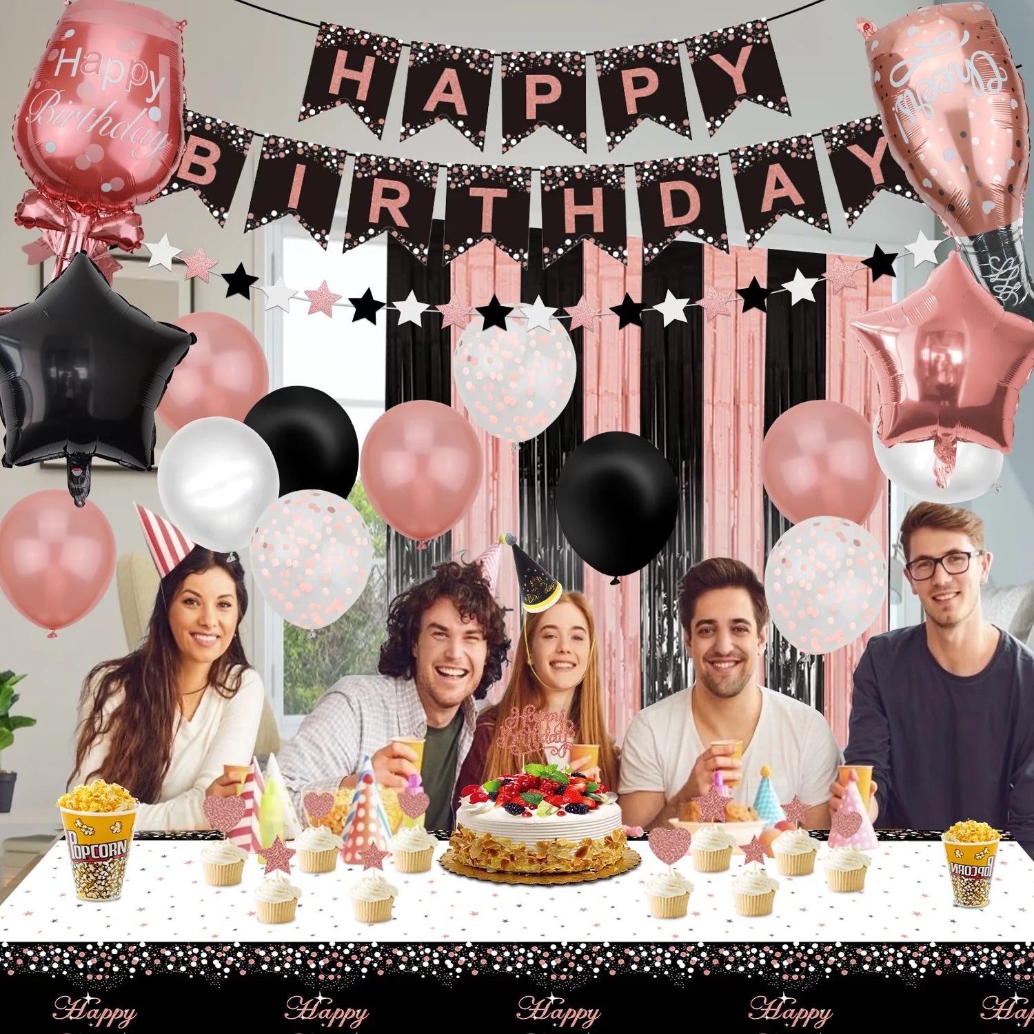 Rose Gold and Black Birthday Banner, Balloons, Fringe Curtains, Tablecloth and Cake Topper R107