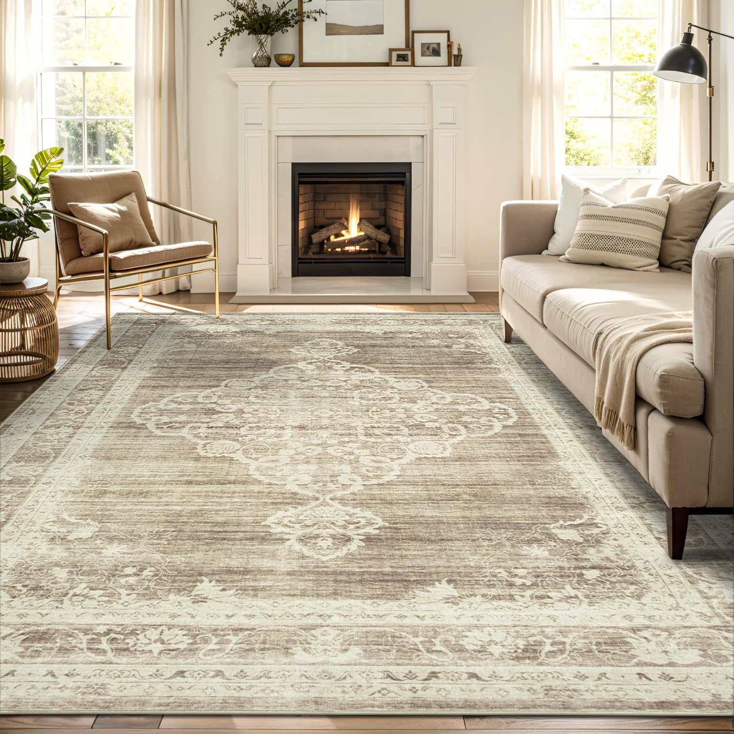 Beige 9x12 Washable Non Slip Low Pile Area Rug Z40991