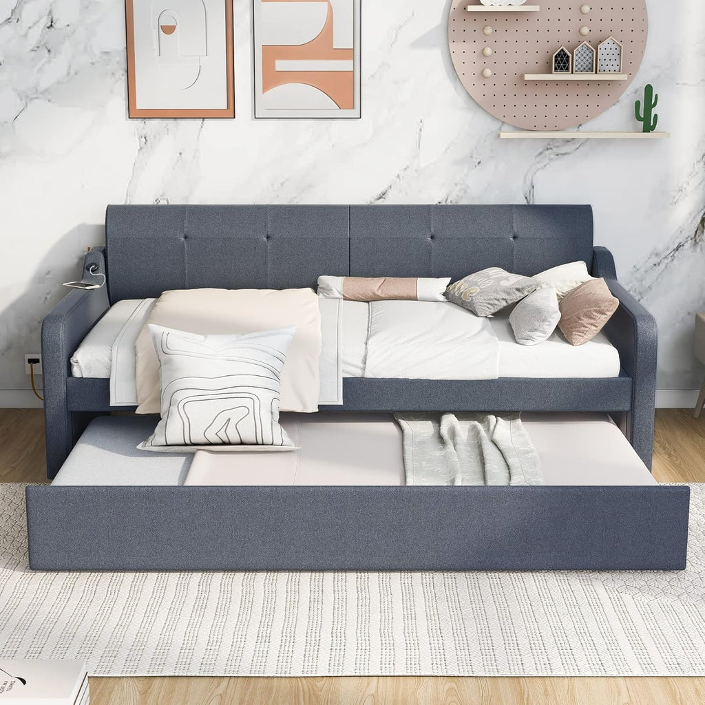 Twin to King Extendable Sofa Bed Frame with Trundle, Grey Y31529