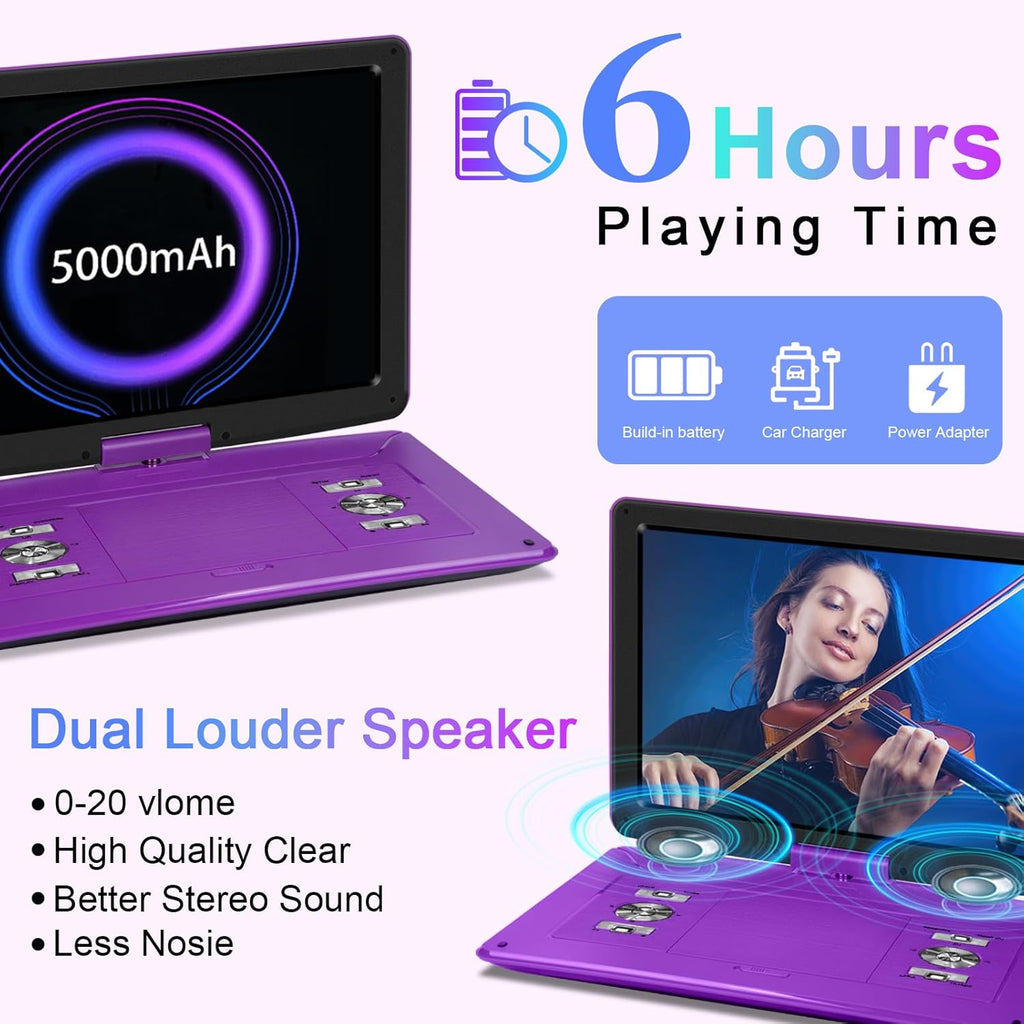 17.5" Portable DVD Player with 15.6" HD Screen, 6 Hours Rechargeable Battery, Purple E73310