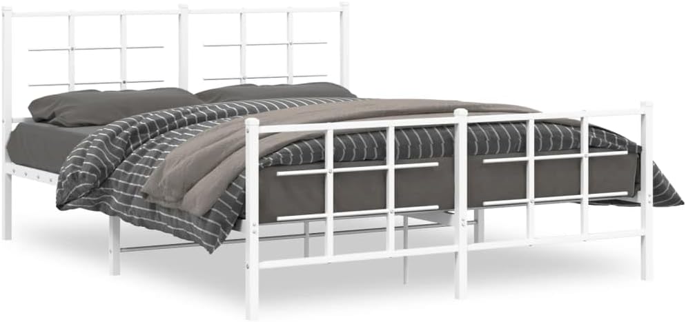 White Steel Metal Bed Frame Double Bed with Headboard Footboard H68388