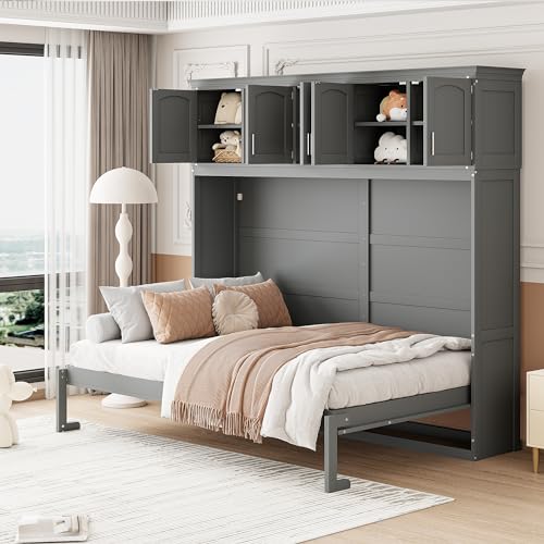 Full Size Murphy Bed with Built-in Wardrobe, 3 Drawers and 3 Open Shelves G7423