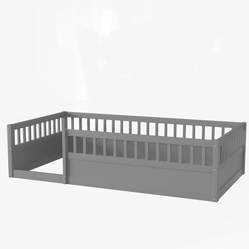 Twin Size White Wood Floor Bed with Rails X268286