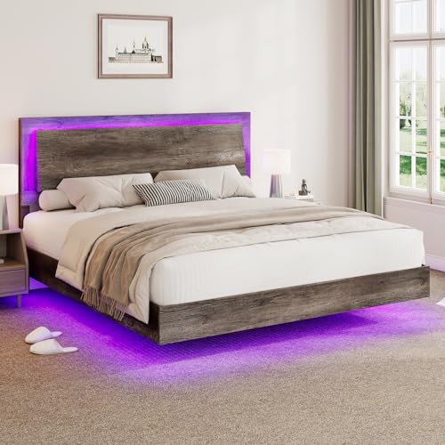 Rustic Grey Full Size Platform Bed Frame with Headboard and LED Light B454396