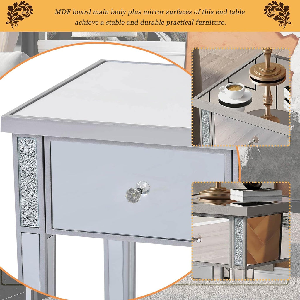 Silver Glass Mirrored End Table with Drawer M63592