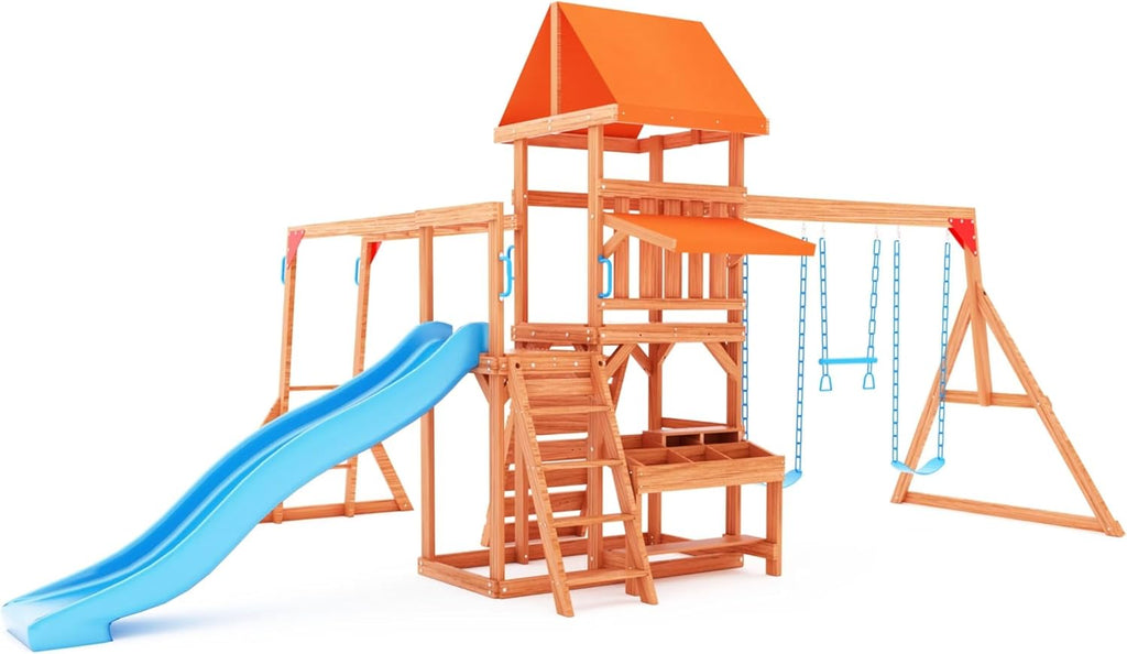 Wooden Playground Swing Sets with Monkey Bar, 8FT Wave Slide, 2 Belt Swings U817574