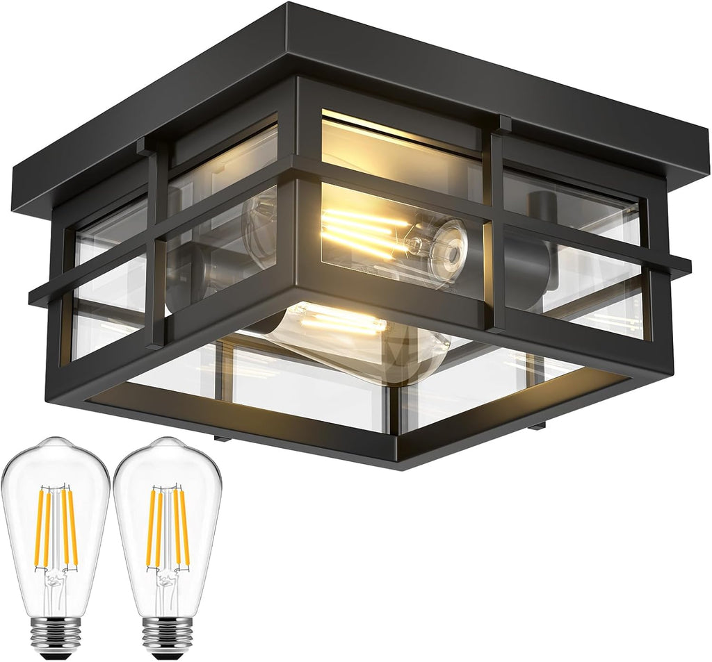 2-Light Black Flush Mount Ceiling Light Fixtures with Clear Glass Shade T111068