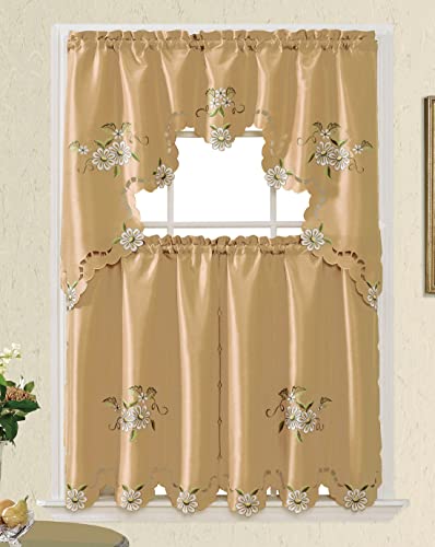 Bronze Faux Silk Kitchen Curtain Set with Cutwork Floral K39192
