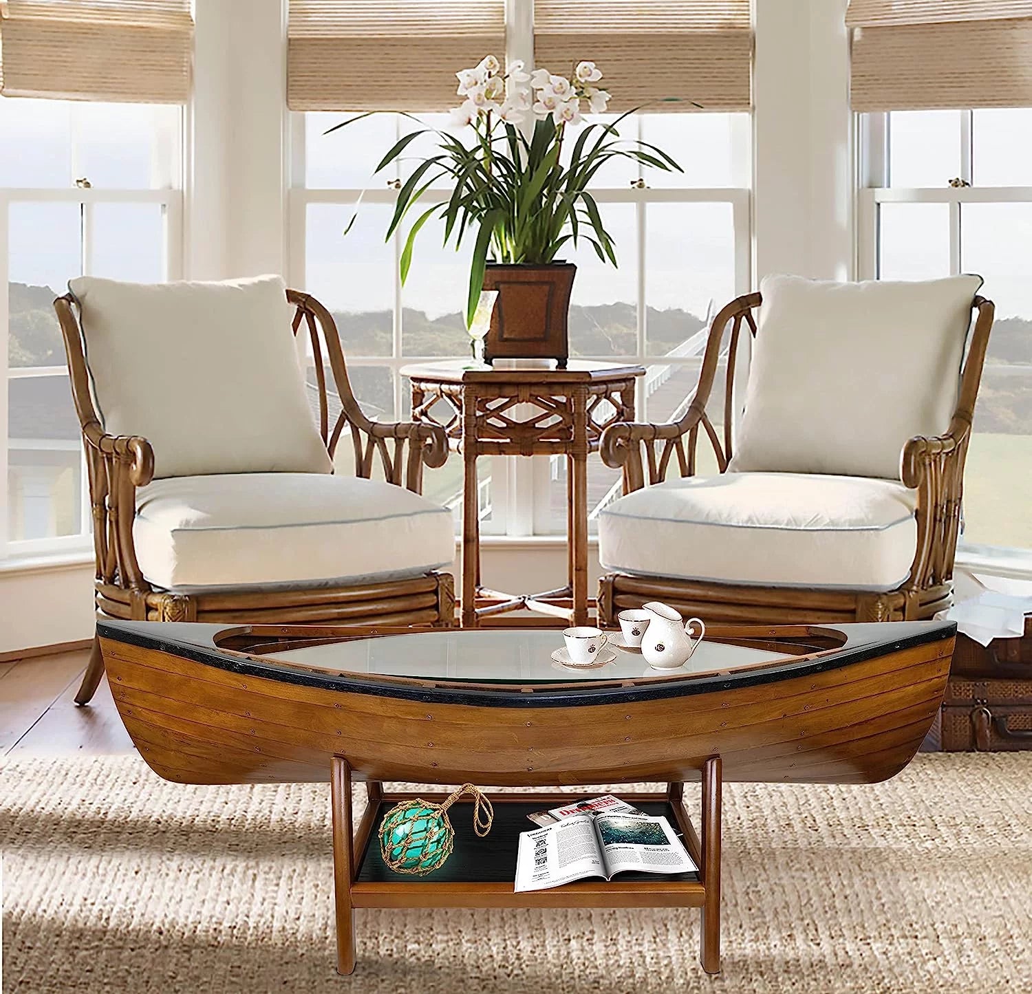 Wooden Boat Canoe Coffee Table Antique Honey Finish Y20786