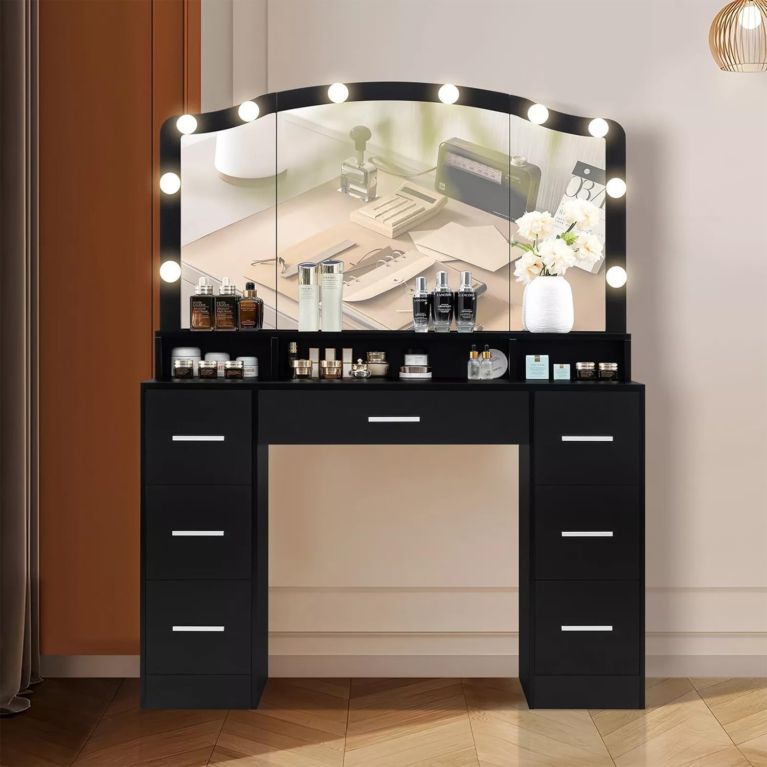 Black 43.3 inches Vanity Desk with Lighted Mirror 7 Drawers D30894