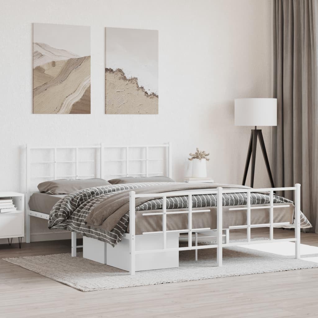 White Steel Metal Bed Frame Double Bed with Headboard Footboard H68388