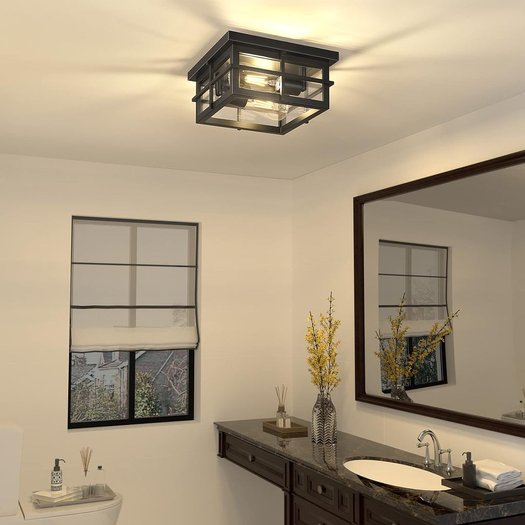 2-Light Black Flush Mount Ceiling Light Fixtures with Clear Glass Shade T111068