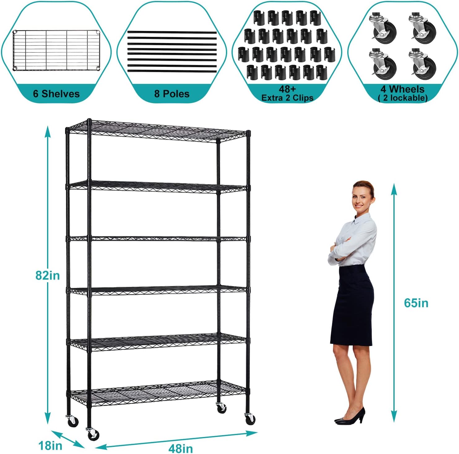 6 Tier Wire Shelving Unit, NSF Heavy Duty Height Adjustable Metal Shelving with Wheels, 18"x48"x82" Black Y25667