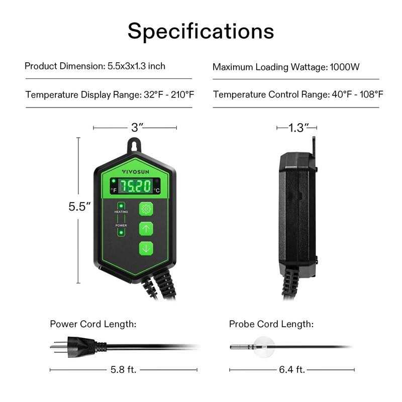Digital Heat Mat Thermostat Temperature Controller 40-108 oF 1000W V25769