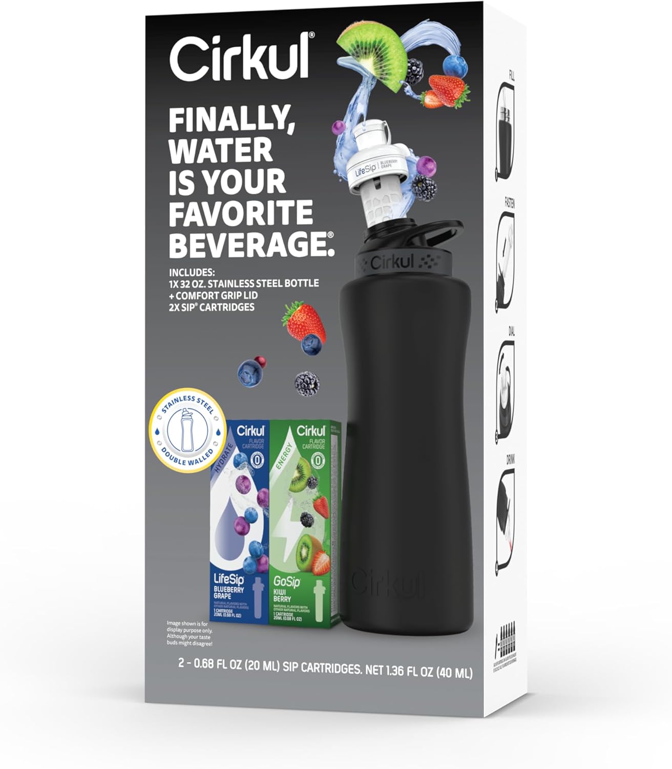 32oz Matte Black Stainless Steel Water Bottle with Black Lid and 2 Flavor Cartridges J505196