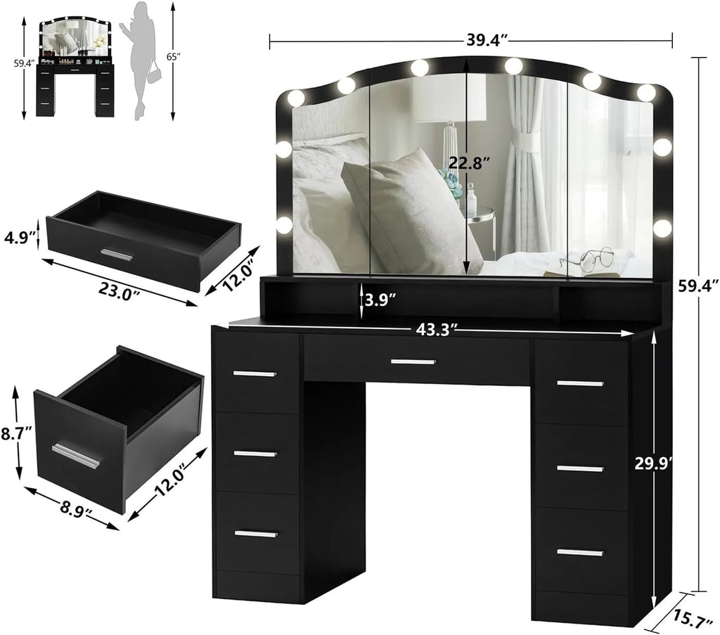 Black 43.3 inches Vanity Desk with Lighted Mirror 7 Drawers D30894