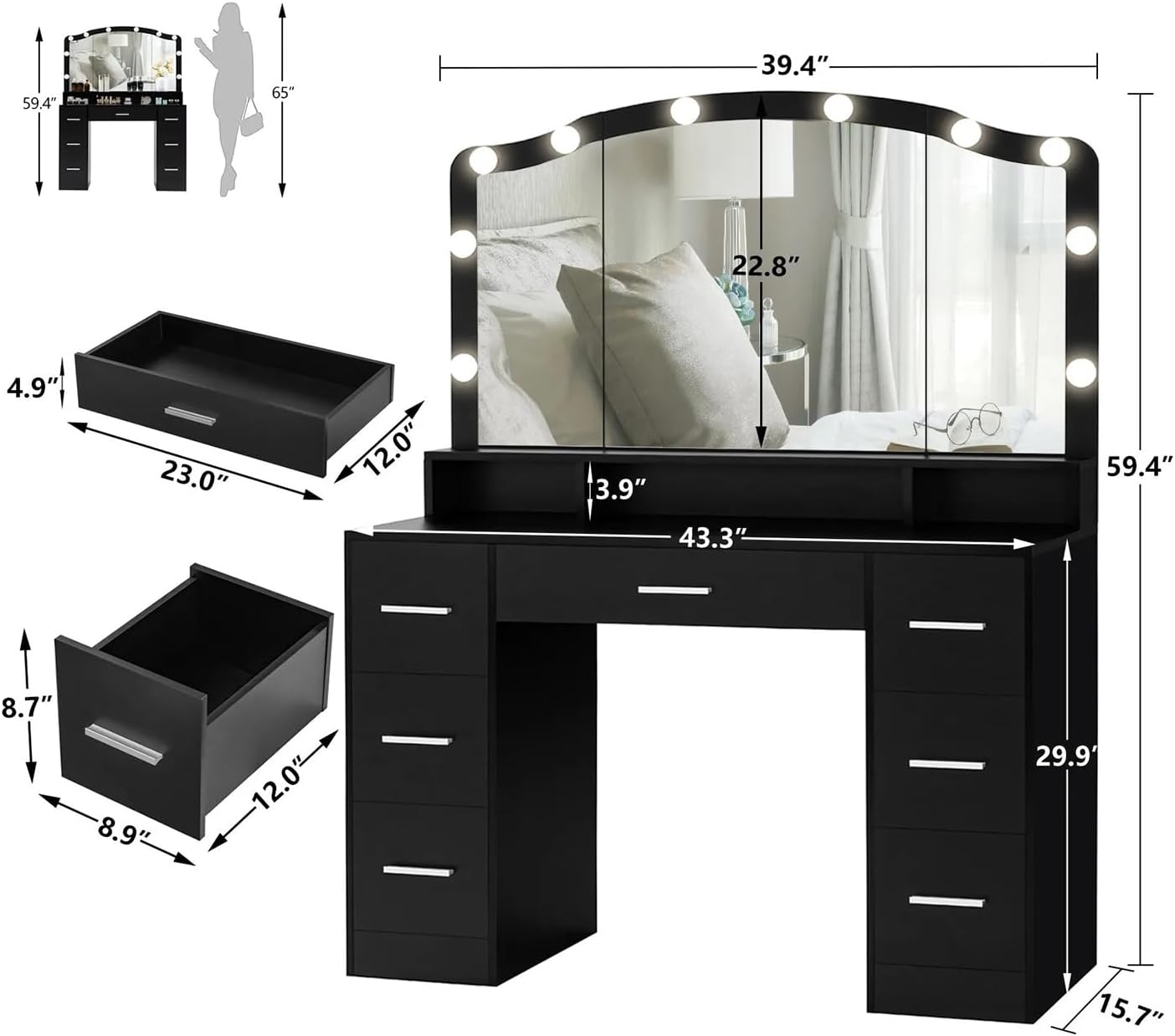 Black 43.3 inches Vanity Desk with Lighted Mirror 7 Drawers D30894