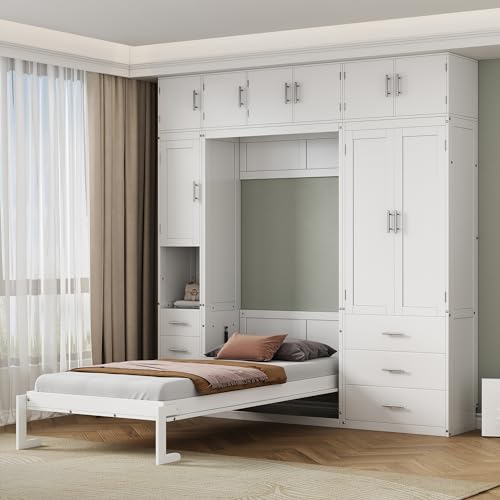 Twin Size Murphy Bed Frame with Lockers and Wardrobes, White R79415