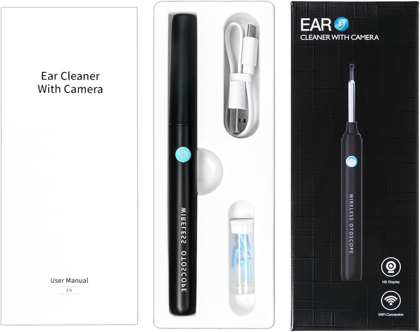 Black Ear Wax Removal Kit with HD Camera and 8 Pcs Ear Set G19636