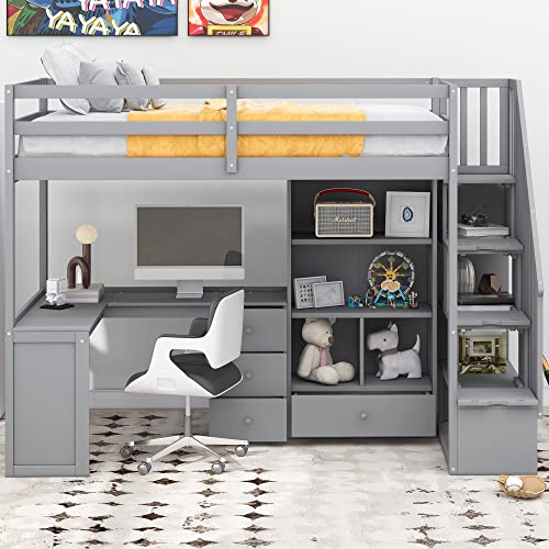 Full Size Loft Bed with Desk and Shelves, Two Drawers, Gray L73426
